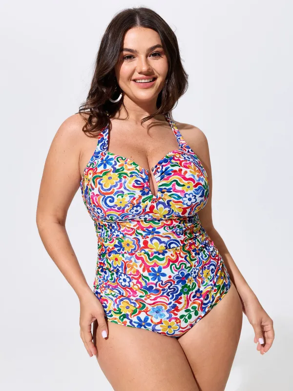 Colorful Floral Print Cut-Out One-Piece Swim made by Bloomchic