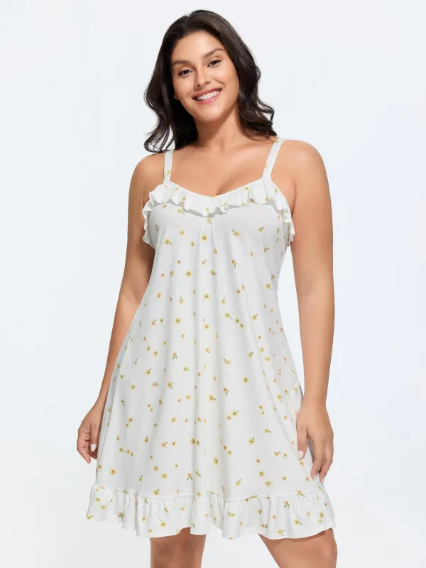 Supersoft Ruffled Neckline Floral Print Sleeveless Nightgown made by Bloomchic
