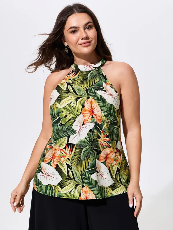Tropical Print Halter Neckline Tank Top made by Bloomchic