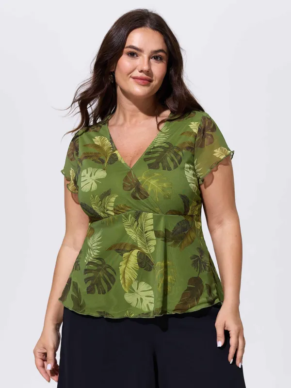 Sheer Tropical Print Fit And Flare Jersey Top made by Bloomchic