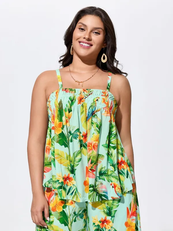 Tropical Breeze Print Shirred Neckline Tank Top made by Bloomchic