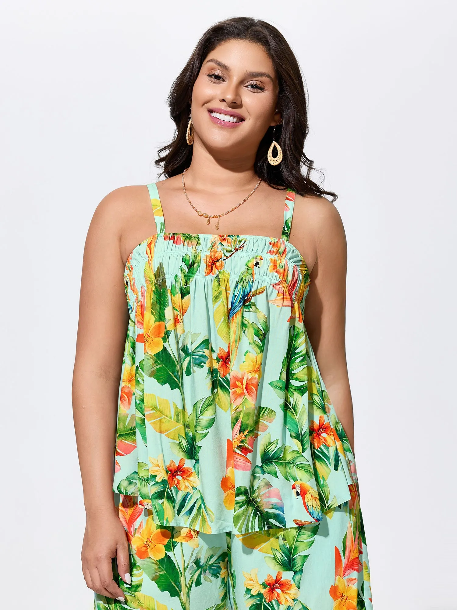 Tropical Breeze Print Shirred Neckline Tank Top sold by Bloomchic