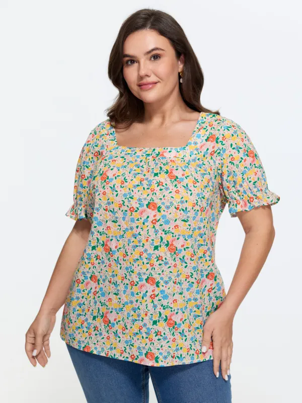Cotton Square Neck Ruffled Sleeve Blouse made by Bloomchic