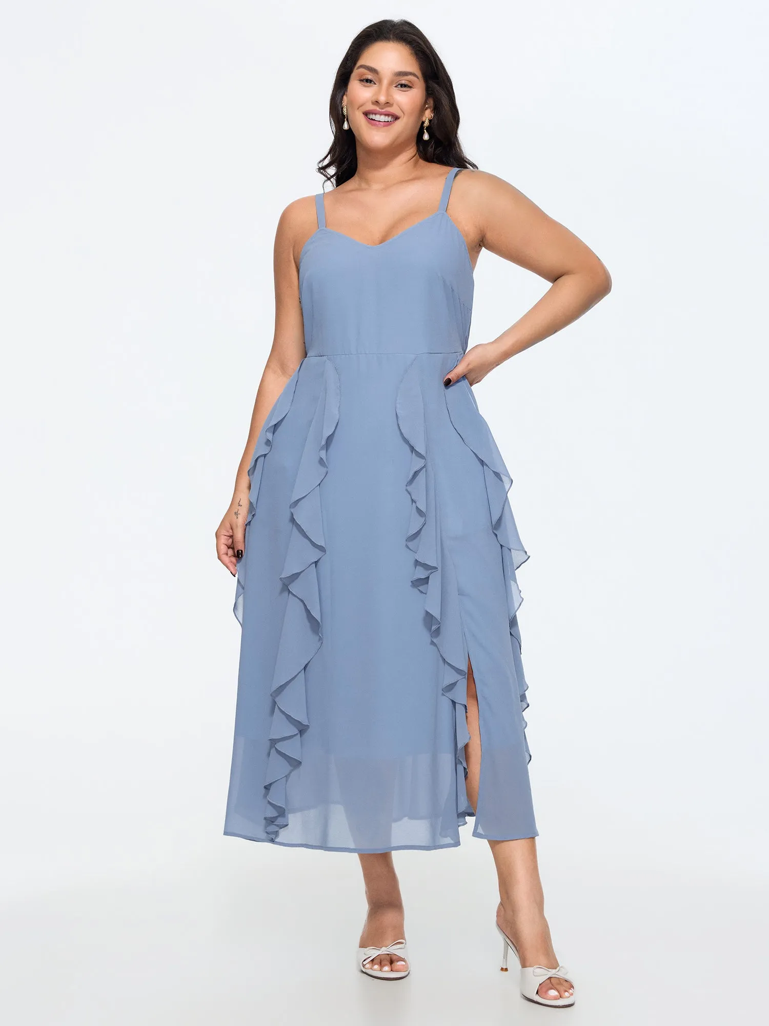 Ruffled Sides Shirred Flowy Midi Dress sold by Bloomchic product image thumbnail 4