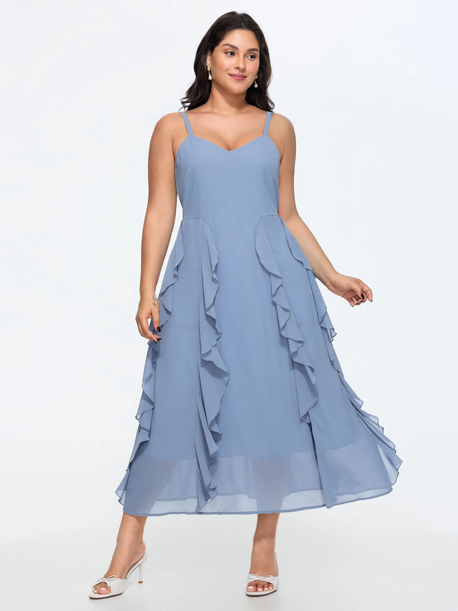 Ruffled Sides Shirred Flowy Midi Dress sold by Bloomchic