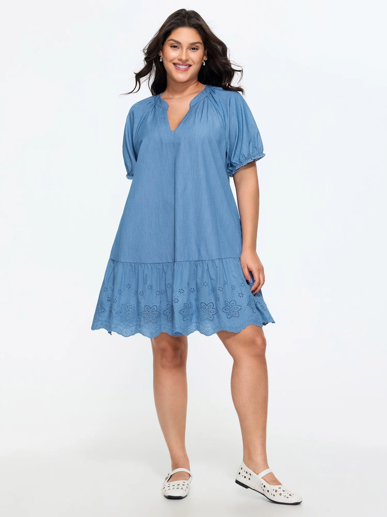 Ruffled Hem Notched Collar Faux Denim Mini Dress sold by Bloomchic product image thumbnail 3
