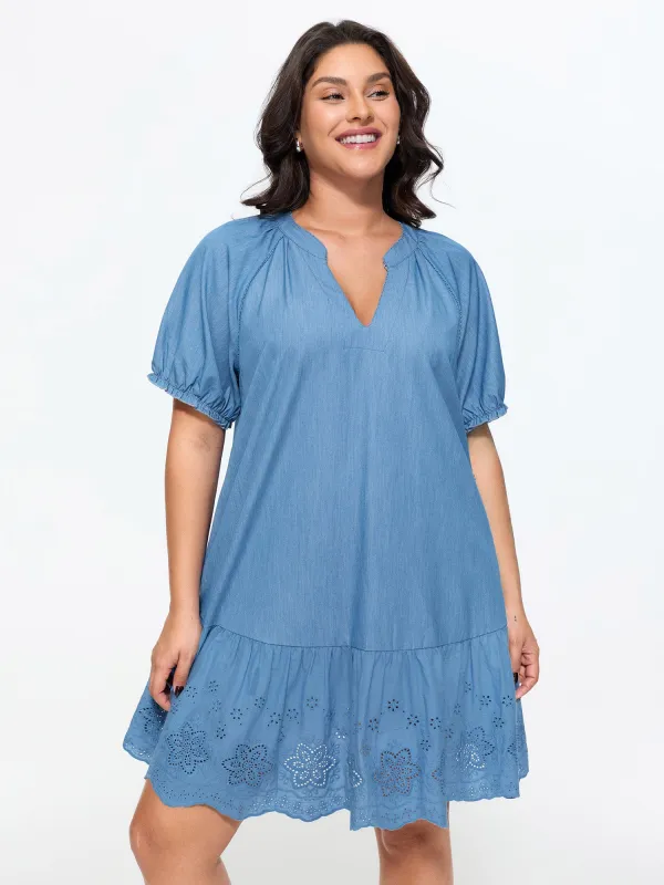 Ruffled Hem Notched Collar Faux Denim Mini Dress made by Bloomchic