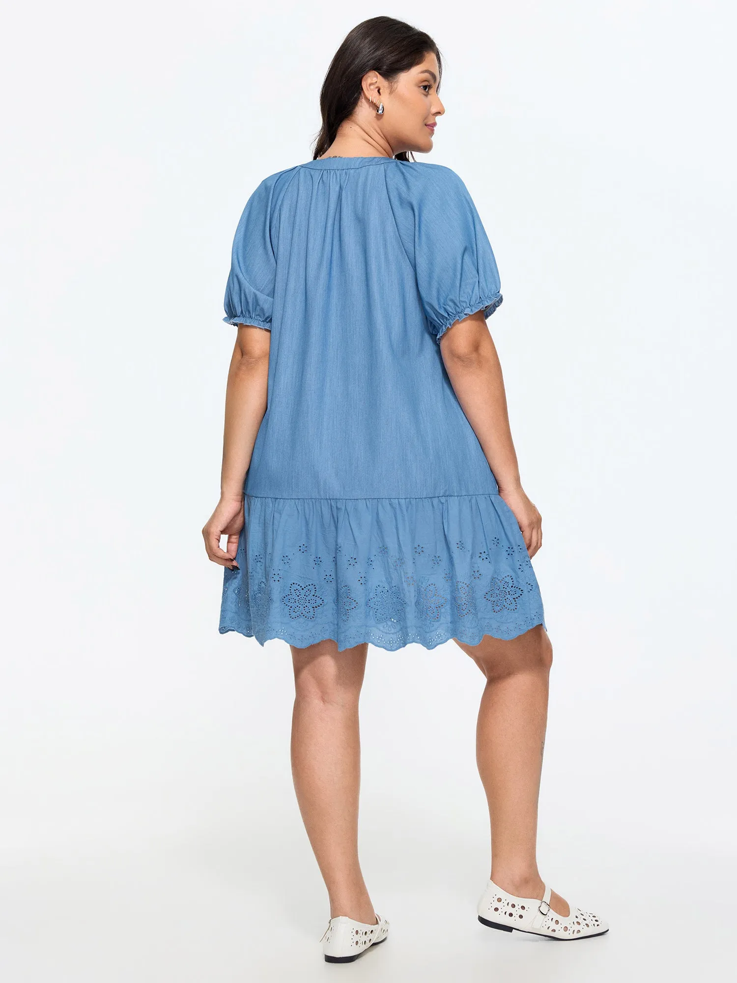 Ruffled Hem Notched Collar Faux Denim Mini Dress sold by Bloomchic product image thumbnail 4