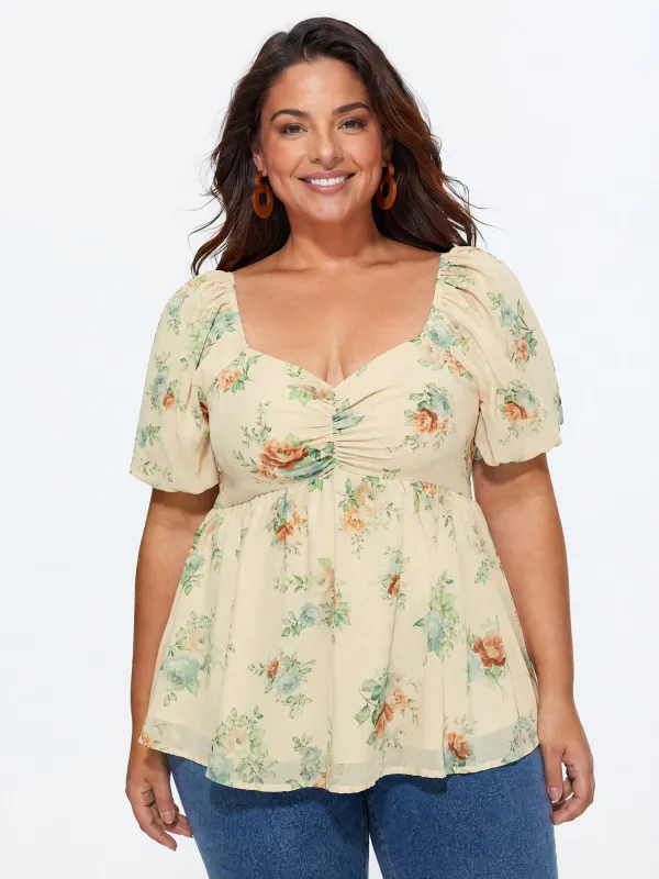 Floral Print Ruched Shirred Back Blouse made by Bloomchic