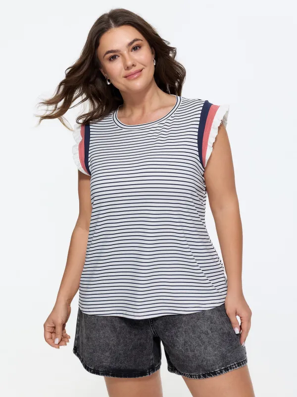 Cotton Striped Print Ribbed Color Contrast T-Shirt made by Bloomchic