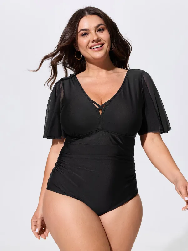 Sheer Backless Ruched One-Piece Swim made by Bloomchic