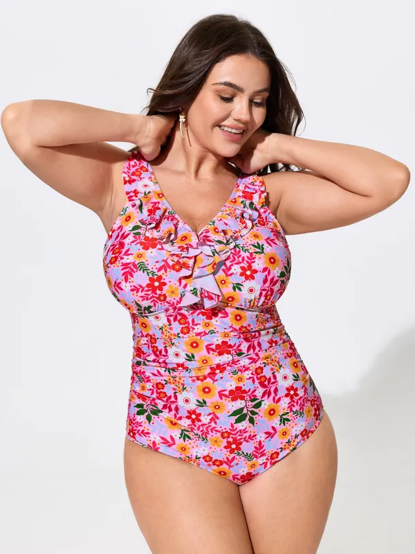 Floral Print Ruffled Neckline One-Piece Swim made by Bloomchic