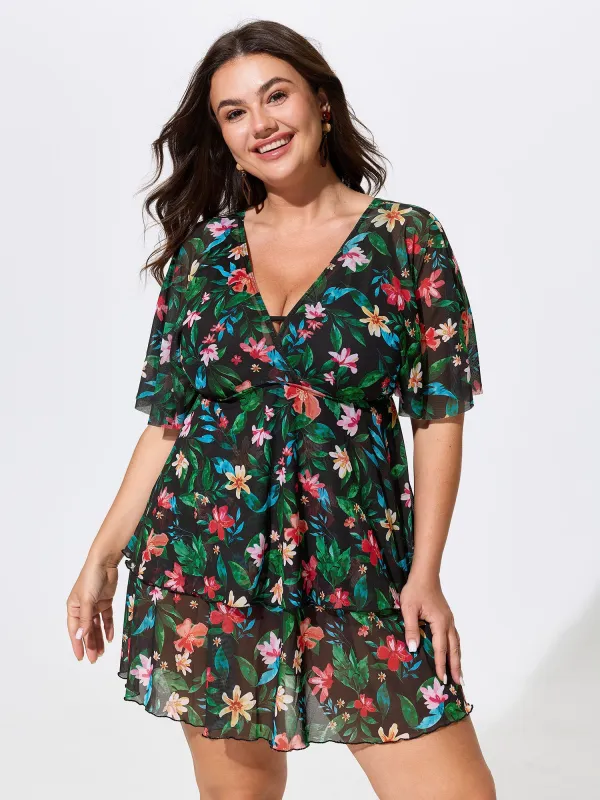 Floral Print Mesh Tiered Swim Dress made by Bloomchic