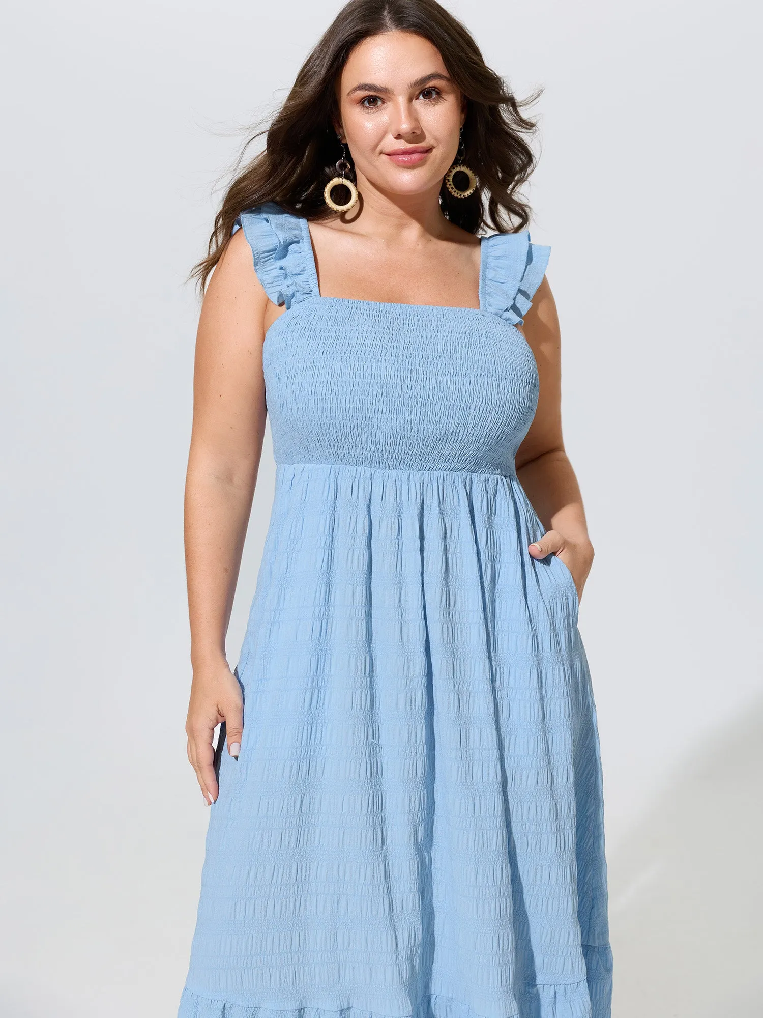 Shirred Bodice Ruffled Straps Flowy Midi Dress sold by Bloomchic product image thumbnail 3