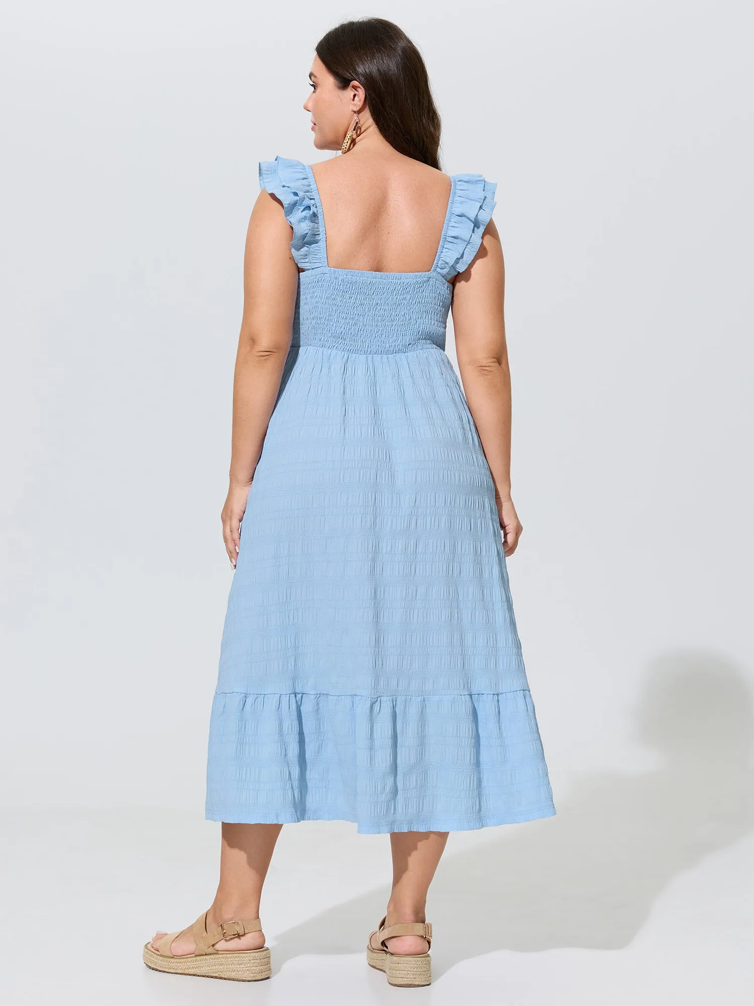 Shirred Bodice Ruffled Straps Flowy Midi Dress sold by Bloomchic product image thumbnail 4