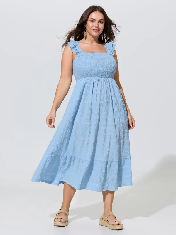 Shirred Bodice Ruffled Straps Flowy Midi Dress made by Bloomchic