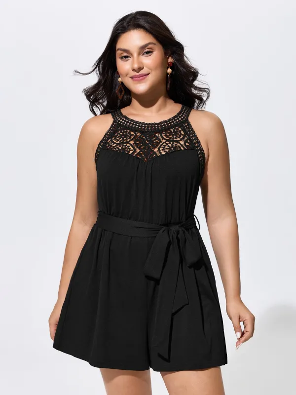 Sheer Lace Neckline Waist-Tie Romper made by Bloomchic
