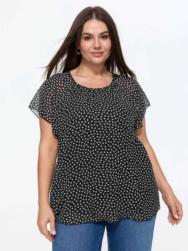 Sheer Sleeve Geometric Print Blouse made by Bloomchic