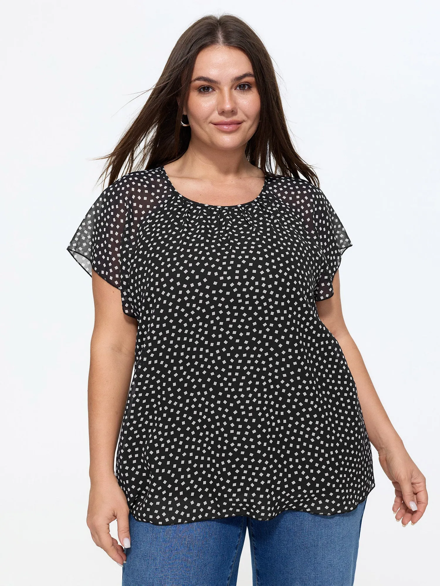 Sheer Sleeve Geometric Print Blouse sold by Bloomchic