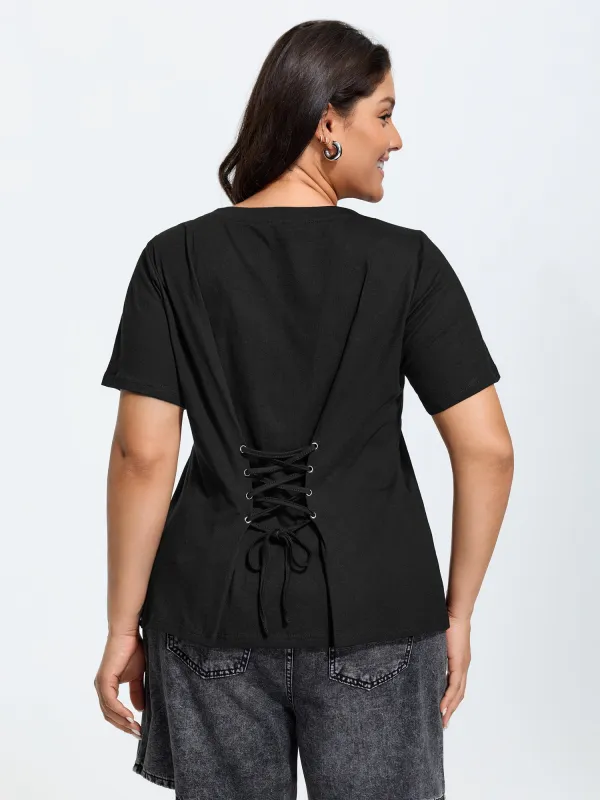 Cotton Natural Back Cross-Tie Curvy-Hem T-Shirt made by Bloomchic