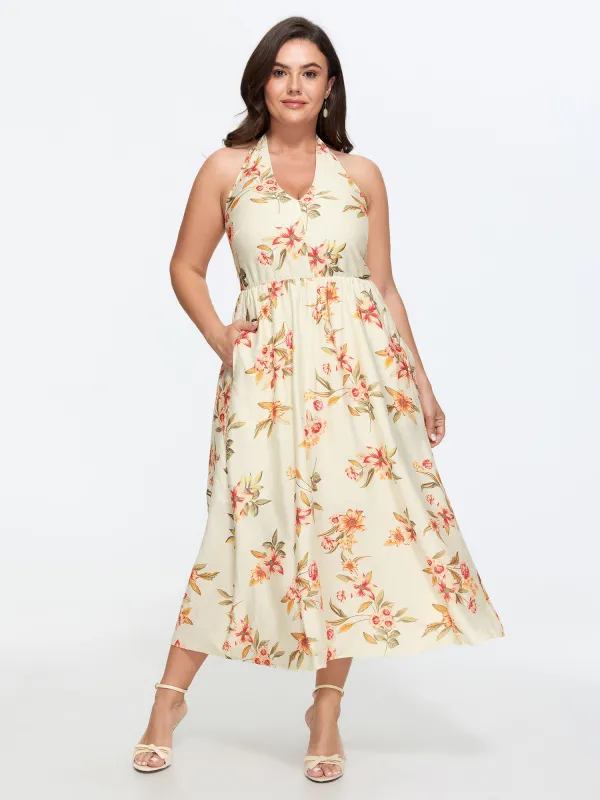 Floral Print Halter Neckline Midi Dress made by Bloomchic