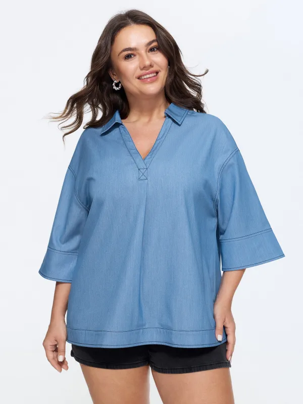 Pleated Relaxed-Fit Plain Faux Denim Blouse made by Bloomchic