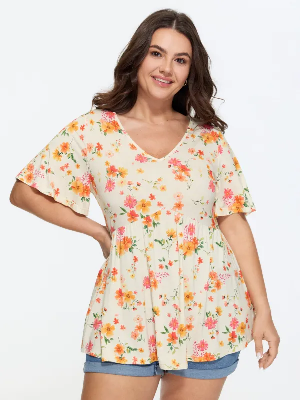 Stretchy Floral Print V-Neck Knit Top made by Bloomchic