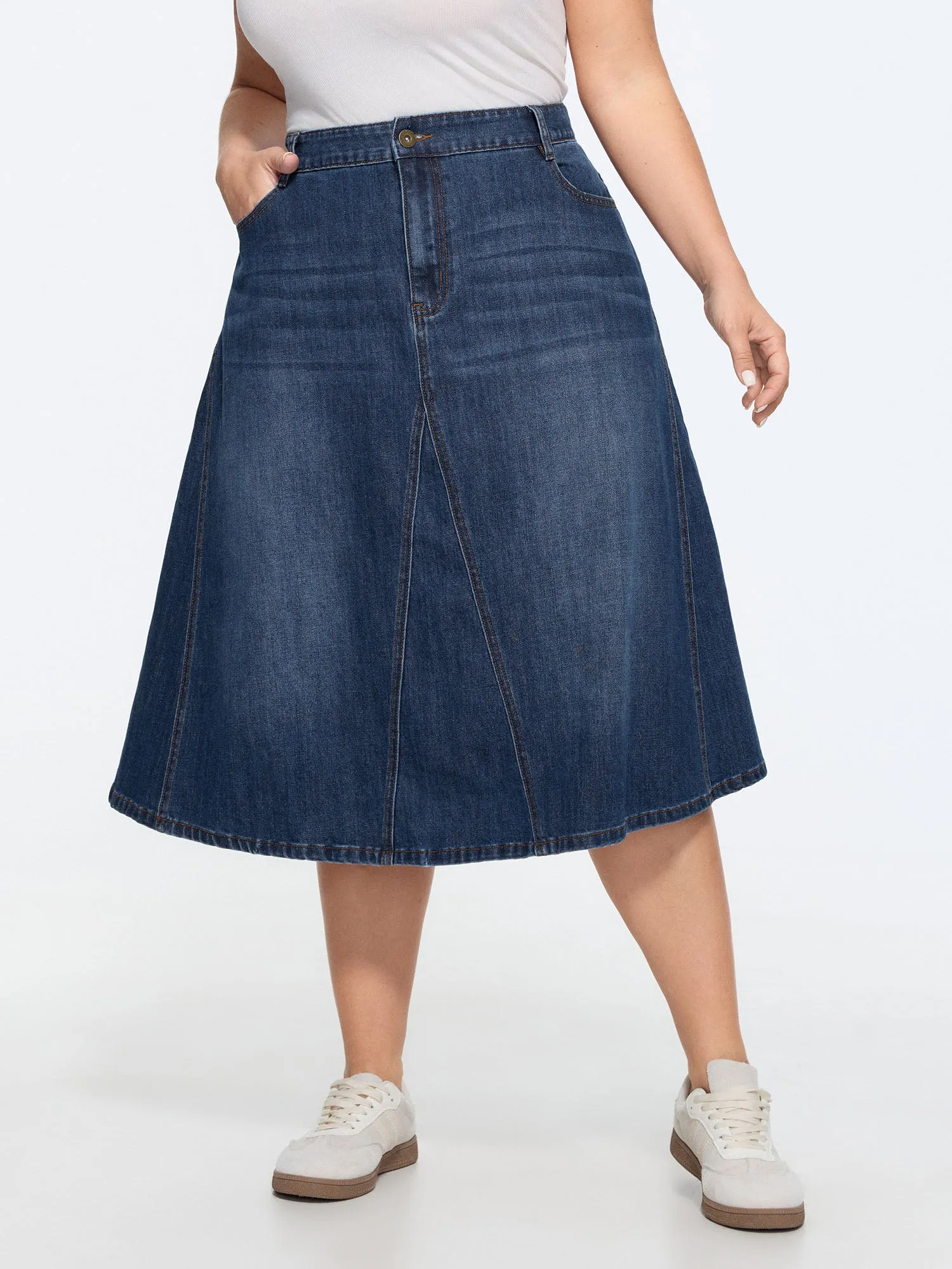 Stretchy Seamed Mid-Rise Denim Skirt sold by Bloomchic product image thumbnail 2