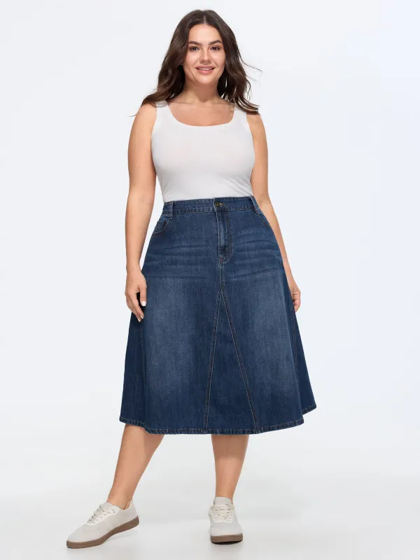 Stretchy Seamed Mid-Rise Denim Skirt made by Bloomchic