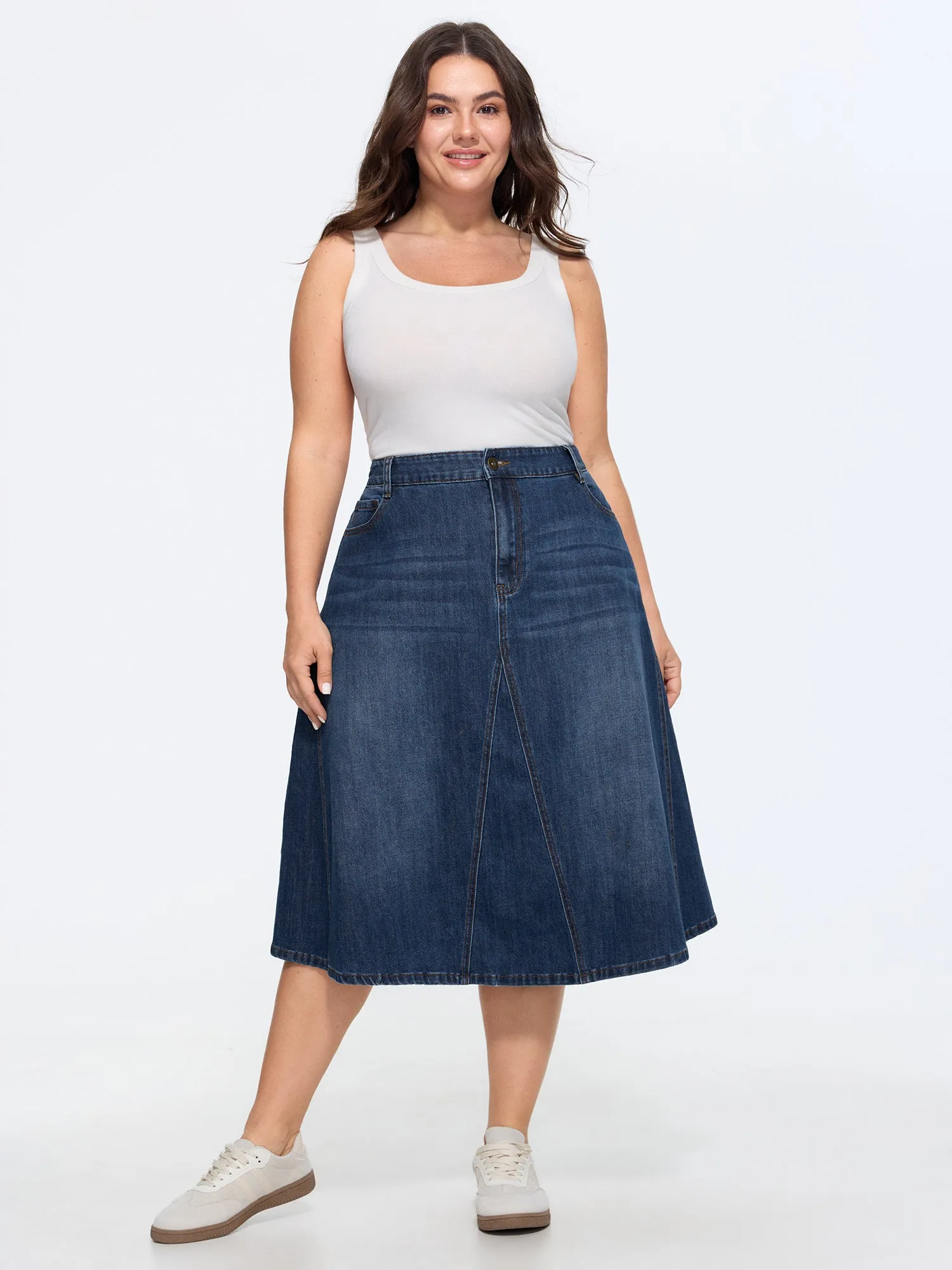 Stretchy Seamed Mid-Rise Denim Skirt sold by Bloomchic