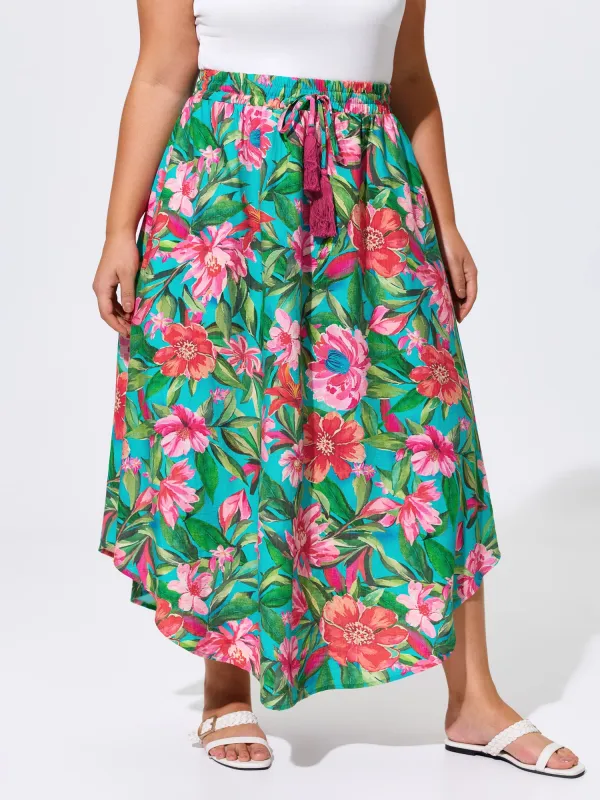Floral Print Drawstring Waist Arc Hem Maxi Skirt made by Bloomchic