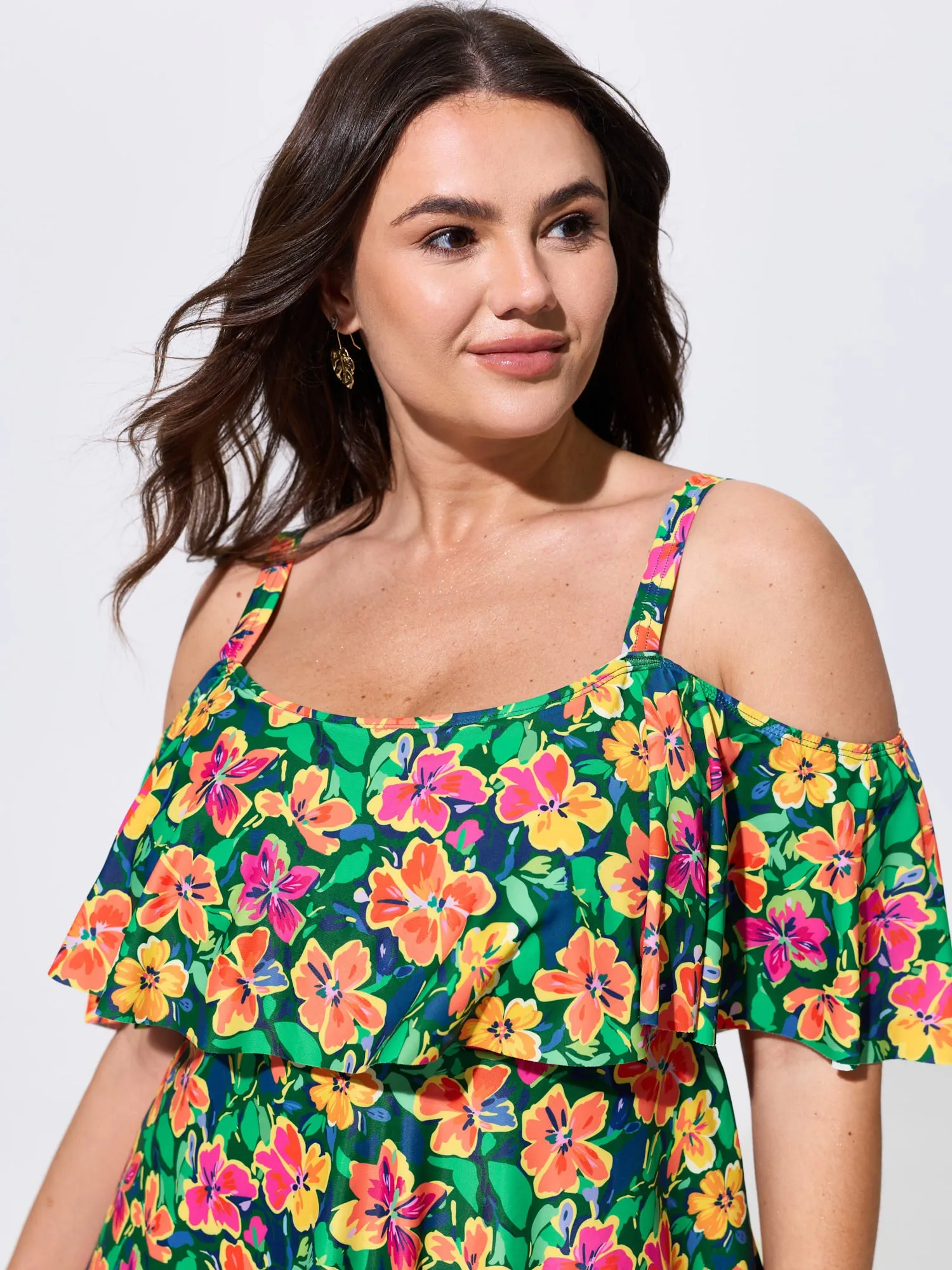 Floral Ruffle Trim Off Shoulder Pockets Swim Dress sold by Bloomchic product image thumbnail 2