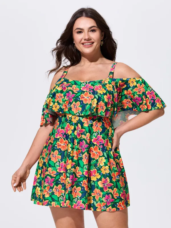 Floral Ruffle Trim Off Shoulder Pockets Swim Dress made by Bloomchic