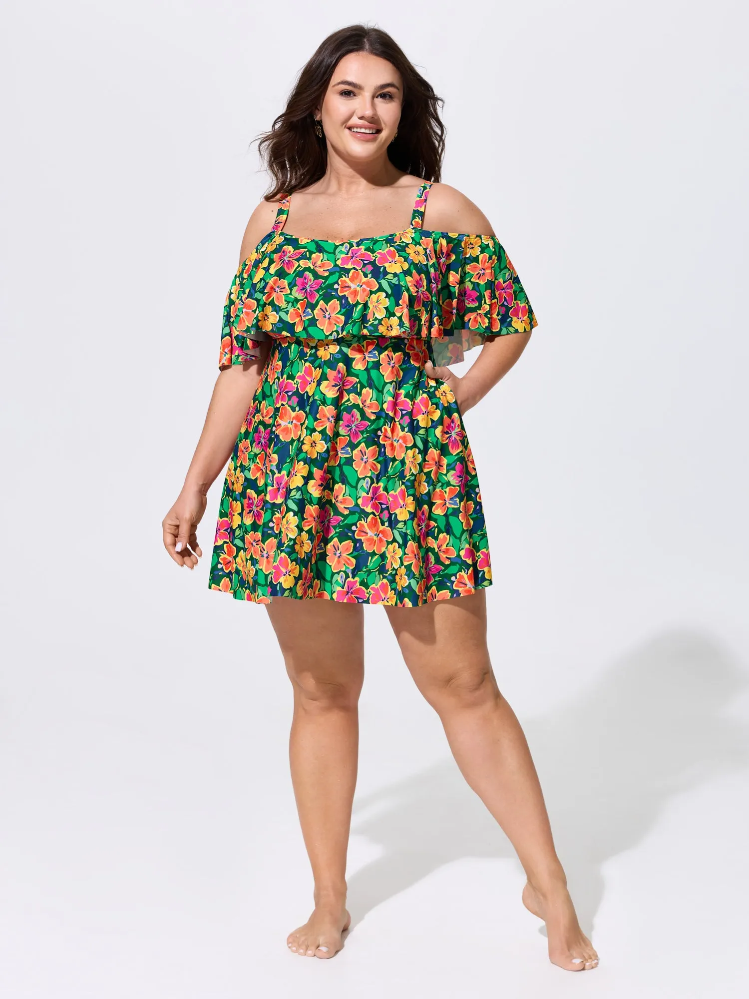 Floral Ruffle Trim Off Shoulder Pockets Swim Dress sold by Bloomchic product image thumbnail 3