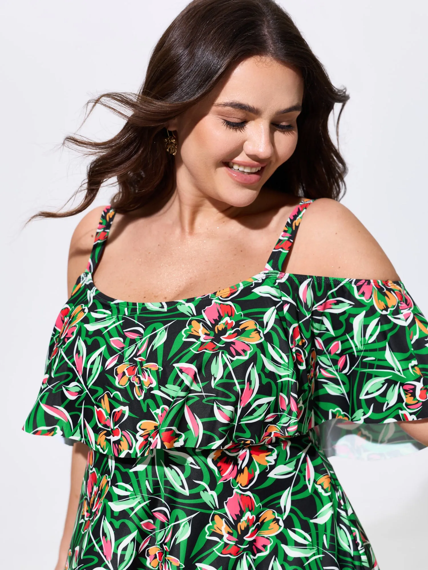 Floral Ruffle Trim Off Shoulder Pockets Swim Dress sold by Bloomchic product image thumbnail 2