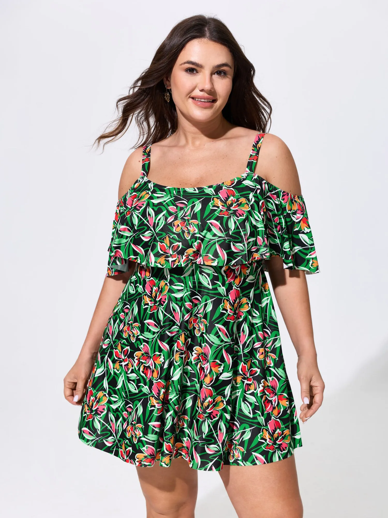 Floral Ruffle Trim Off Shoulder Pockets Swim Dress sold by Bloomchic