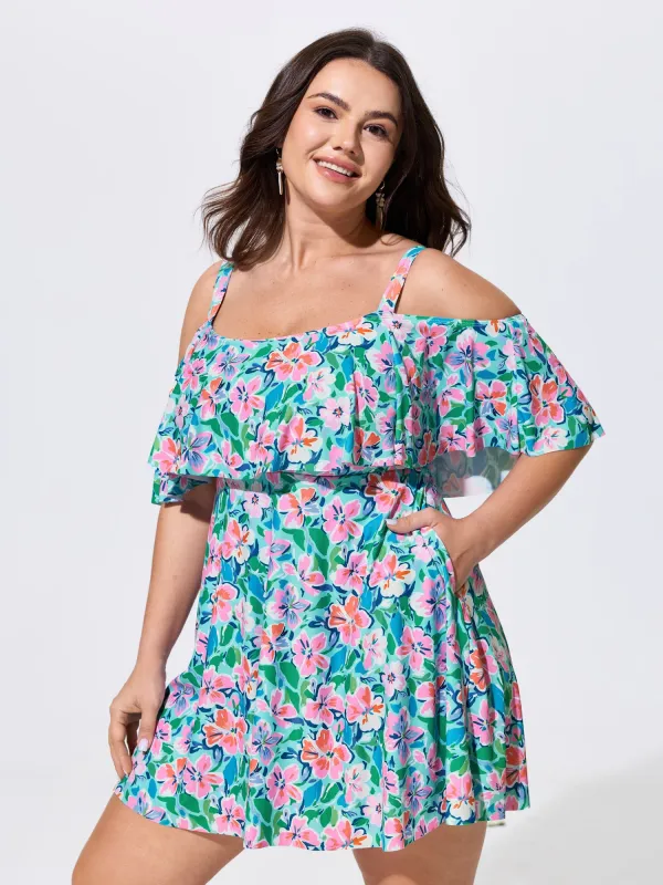 Floral Ruffle Trim Off Shoulder Pockets Swim Dress made by Bloomchic