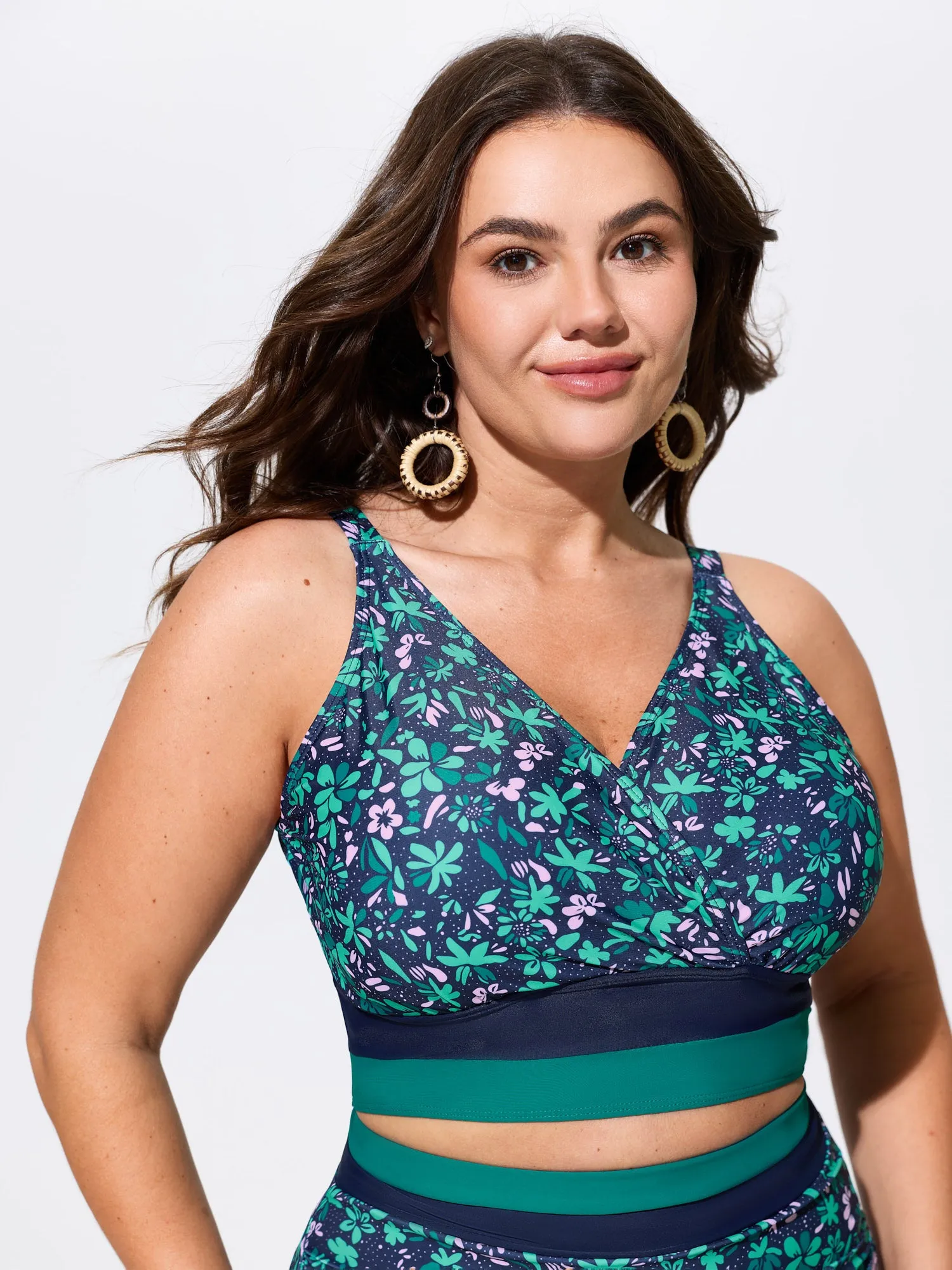 Colorful Floral Print Surplice Neckline Swim Top sold by Bloomchic