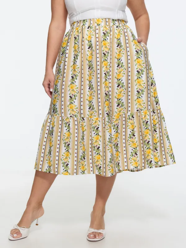 Floral Striped Print Ruffled Hem Midi Skirt made by Bloomchic