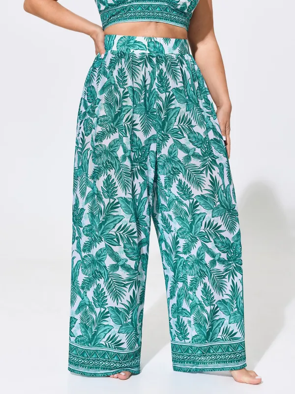 Two-Piece Tropical Print Sheer Wide-Leg Swim Bottoms made by Bloomchic