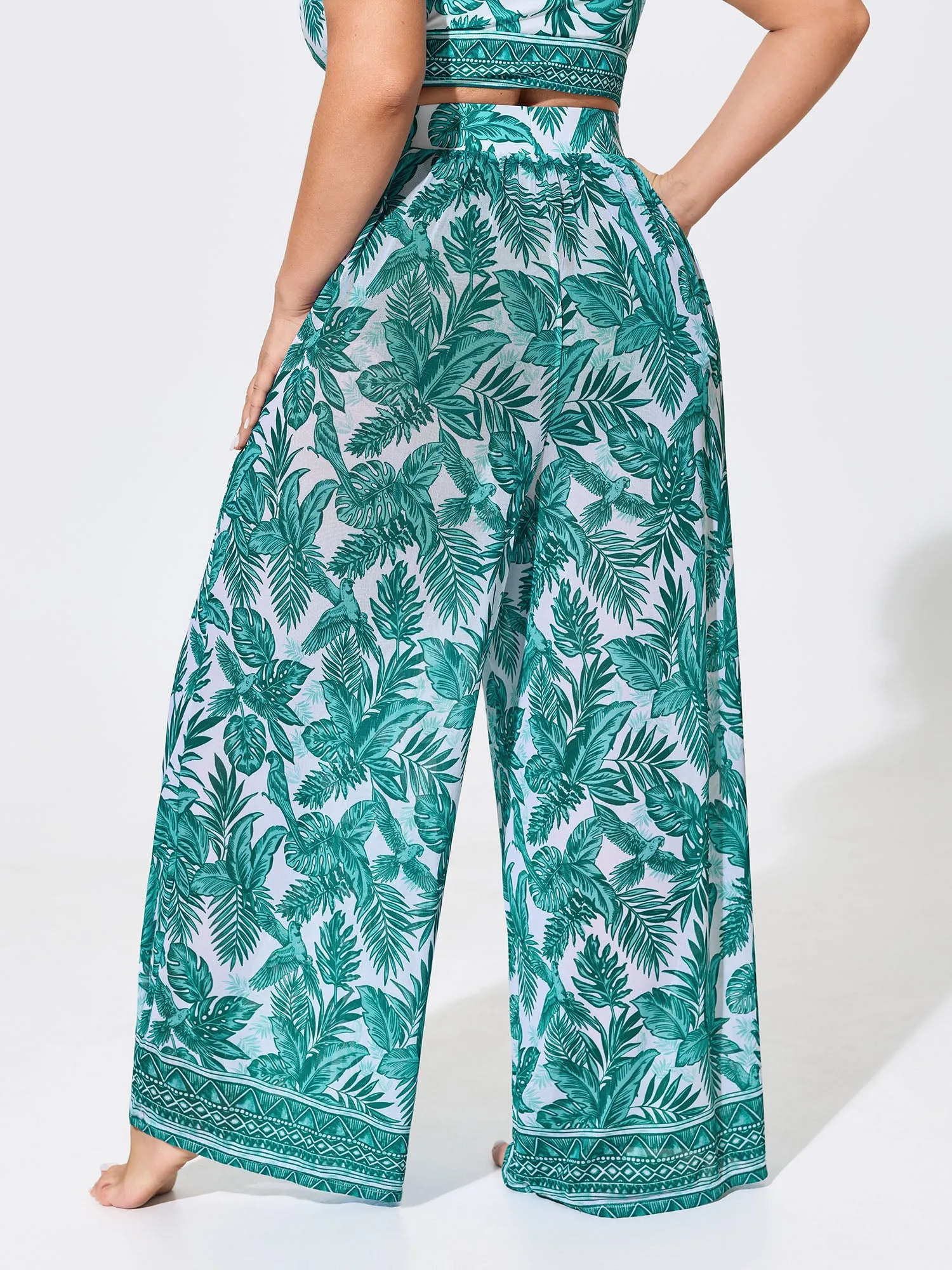 Two-Piece Tropical Print Sheer Wide-Leg Swim Bottoms sold by Bloomchic product image thumbnail 5