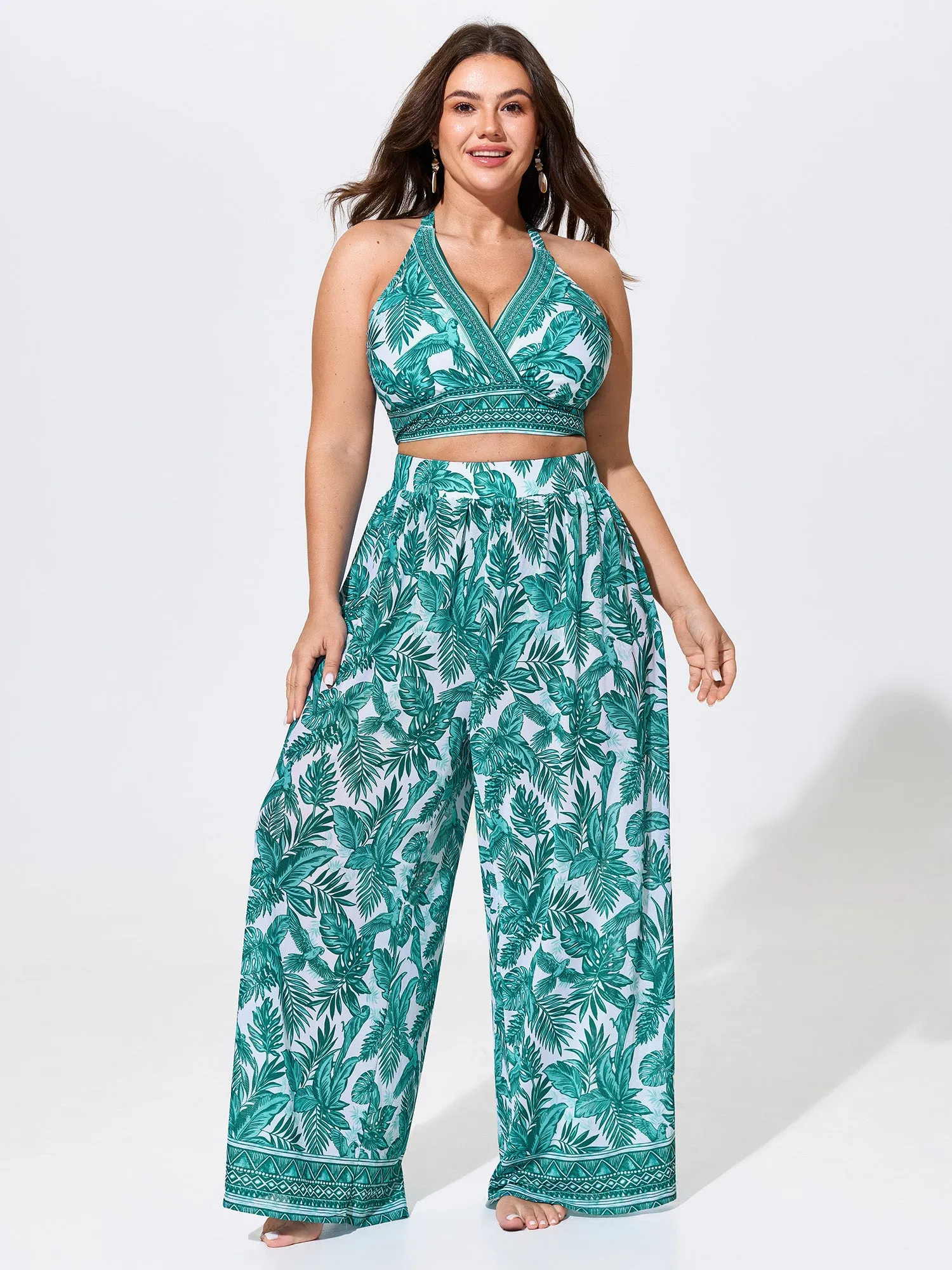 Two-Piece Tropical Print Sheer Wide-Leg Swim Bottoms sold by Bloomchic product image thumbnail 3