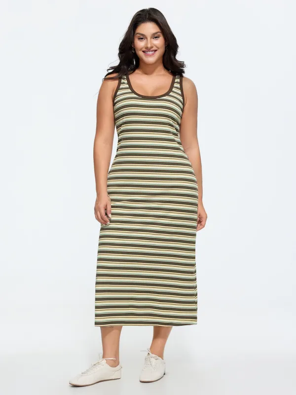 Striped Print Ribbed Scoop Neck Midi Dress made by Bloomchic