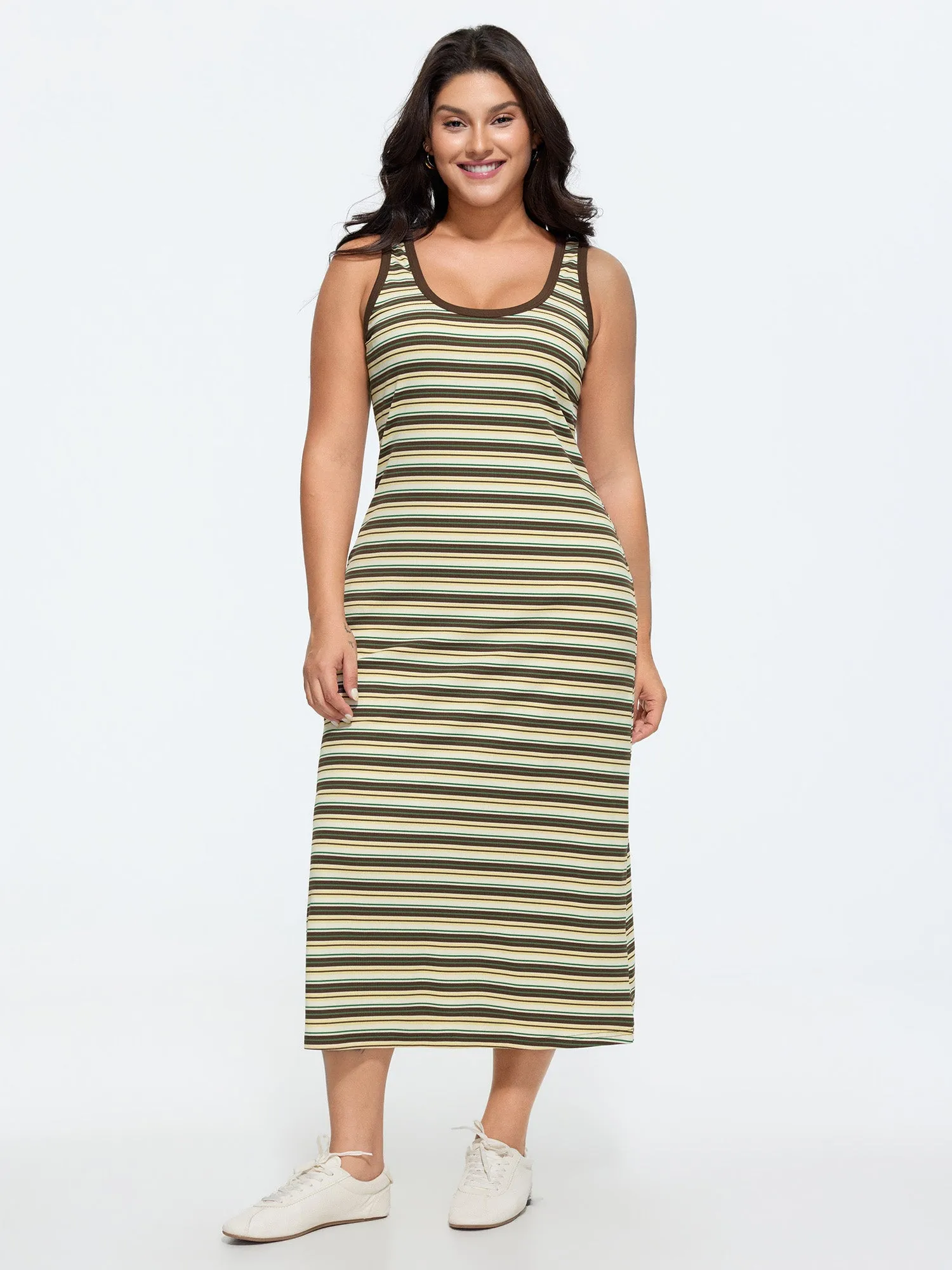 Striped Print Ribbed Scoop Neck Midi Dress sold by Bloomchic