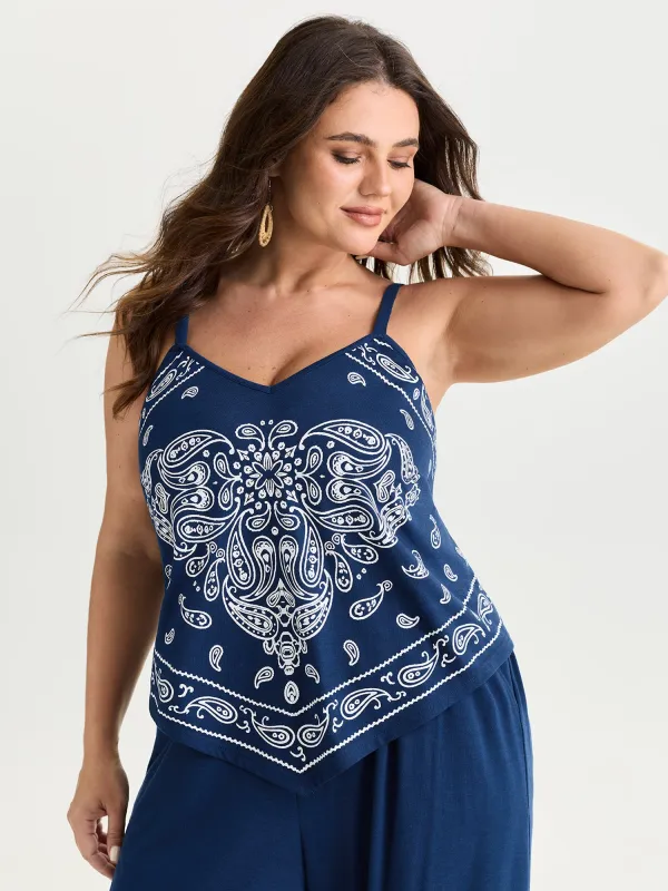 Stretchy Paisley Print Curvy Hem Tank Top made by Bloomchic