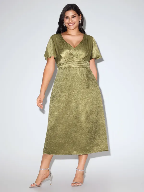 Shimmery Flared Sleeve V-Neck Midi Party Dress made by Bloomchic