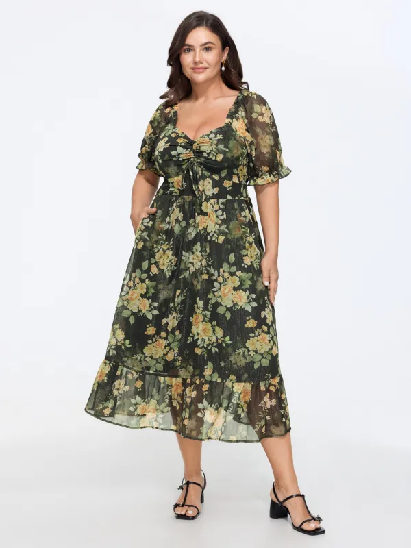 Floral Print Puffy Sleeve Midi Dress made by Bloomchic