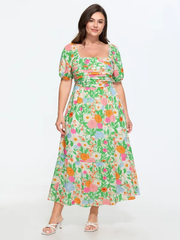 Floral Print Pleated Square Neckline Maxi Dress made by Bloomchic