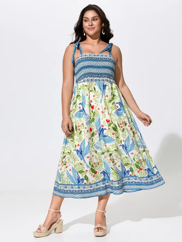 Floral Print Shirred Shoulder Tie Maxi Dress made by Bloomchic
