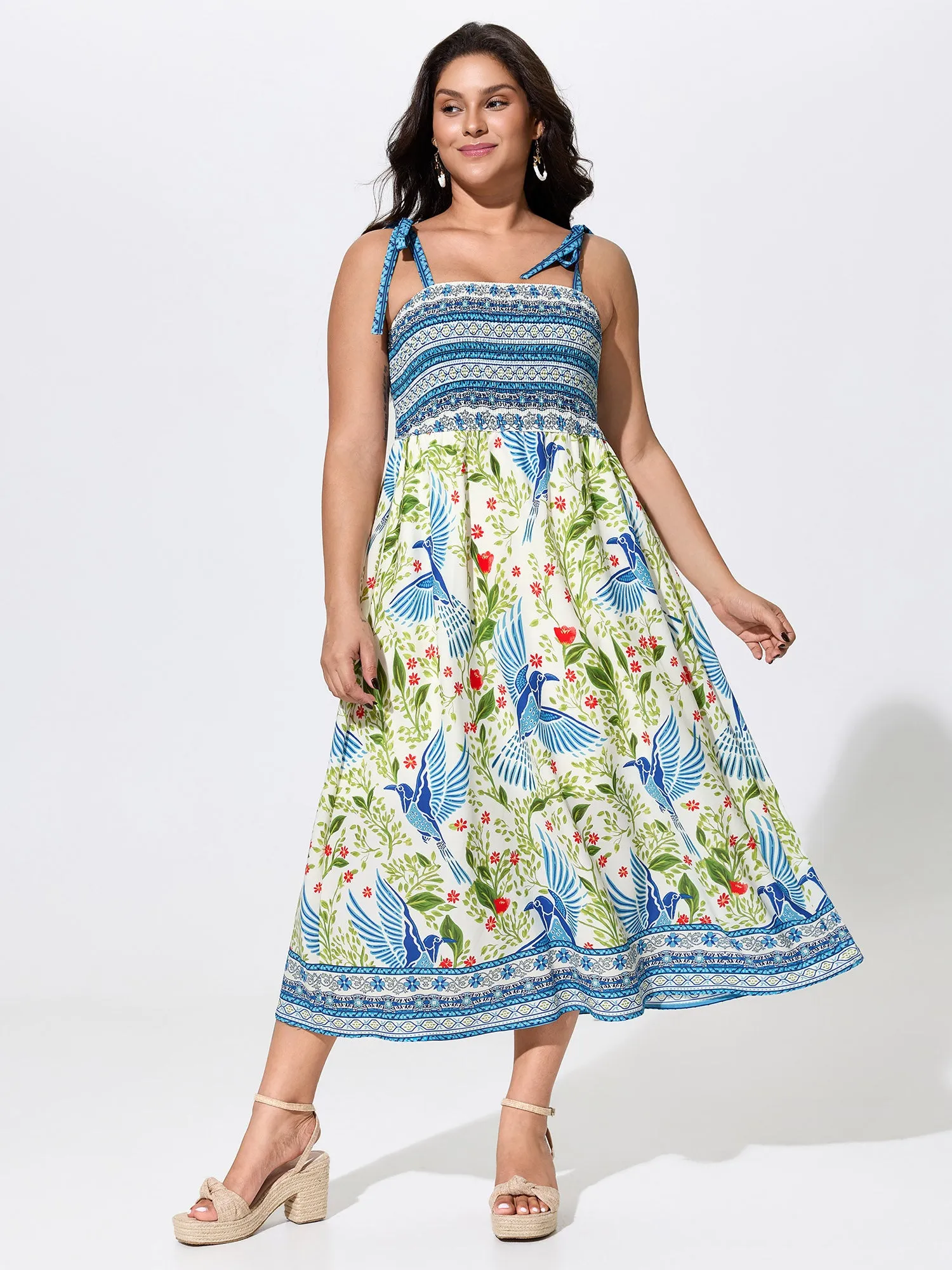 Floral Print Shirred Shoulder Tie Maxi Dress sold by Bloomchic